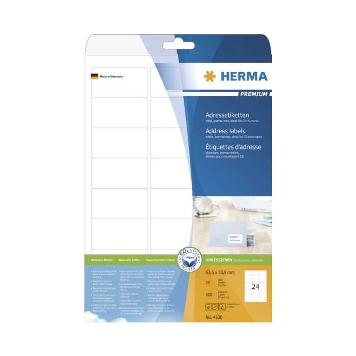 herma adresetiketten Premium a4 63,5x33,9 mm wit papier mat 600 st.