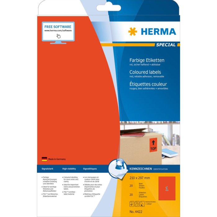 HERMA etiketten A4 rood 210x297 mm papier mat 20 stuks