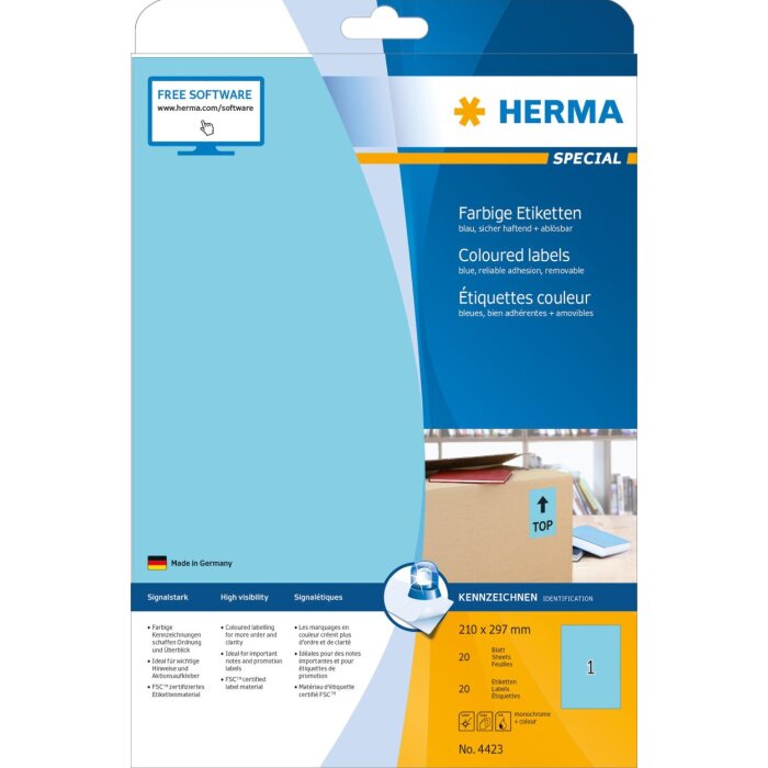 HERMA etiketten A4 blauw 210x297 mm papier mat 20 stuks