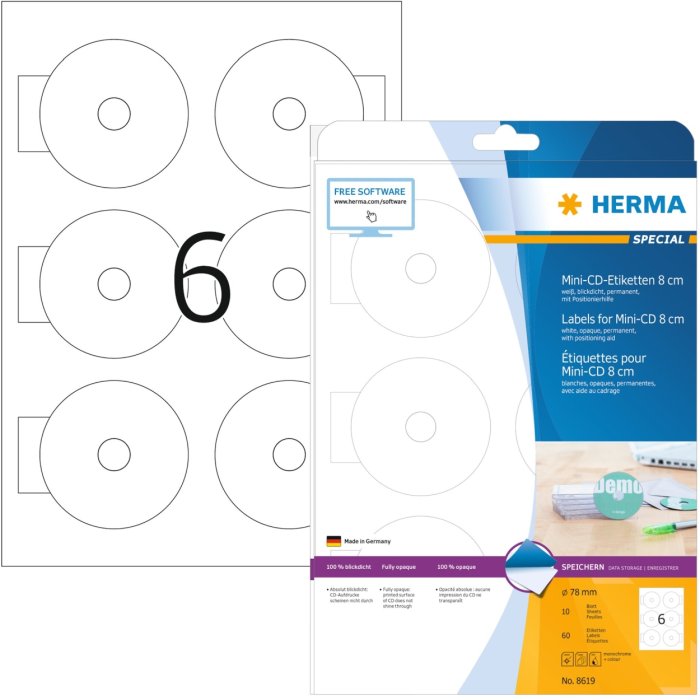 herma CD-etiketten mini a4 wit ø 78 mm papier mat ondoorzichtig 60 stuks