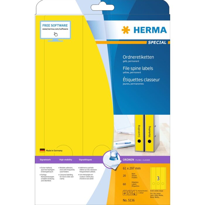 Mapetiketten a4 geel 61x297 mm papier mat ondoorzichtig 60 st.