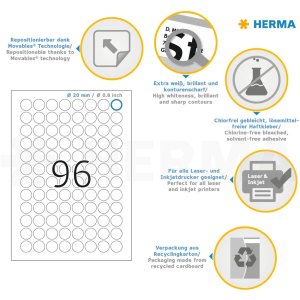 Etiketten a4 wit ø 20 mm rond Movables-verwijderbaar papier mat 2400 st.