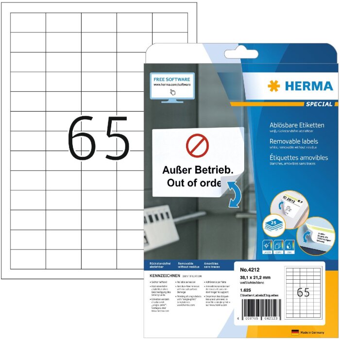 Etiketten a4 wit 38,1x21,2 mm Movables-verwijderbaar papier mat 1625 st.