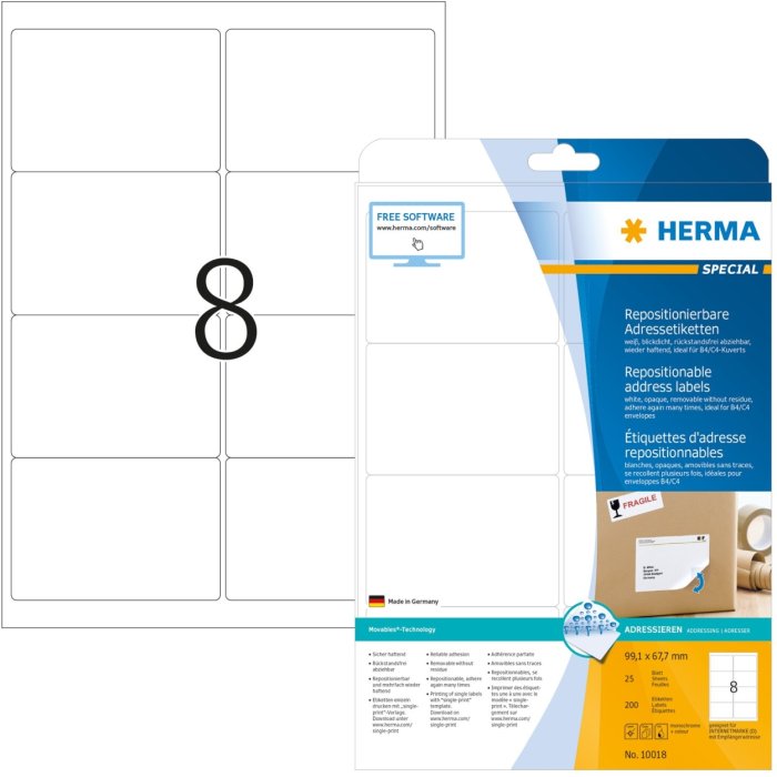 Adresetiketten a4 wit 99,1x67,7 mm herpositioneerbaar papier mat ondoorzichtig 200 st.