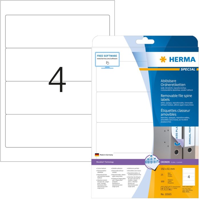 Mapetiketten a4 wit 192x61 mm Movables-verwijderbaar papier mat ondoorzichtig 100 st.