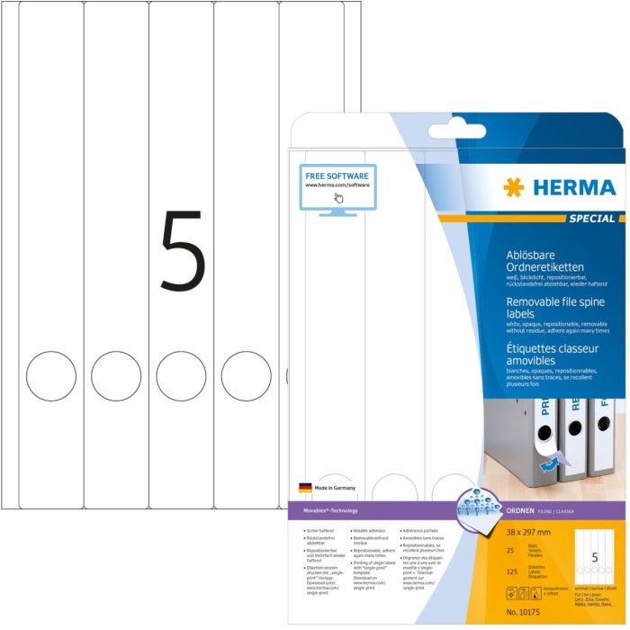 Mapetiketten a4 wit 38x297 mm Movables-verwijderbaar papier mat ondoorzichtig 125 st.