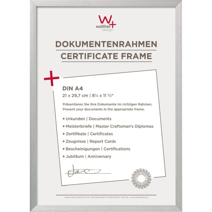 Walther din a4 aluminium fotolijst stoel zilver 21x29,7 cm certificaat fotolijst