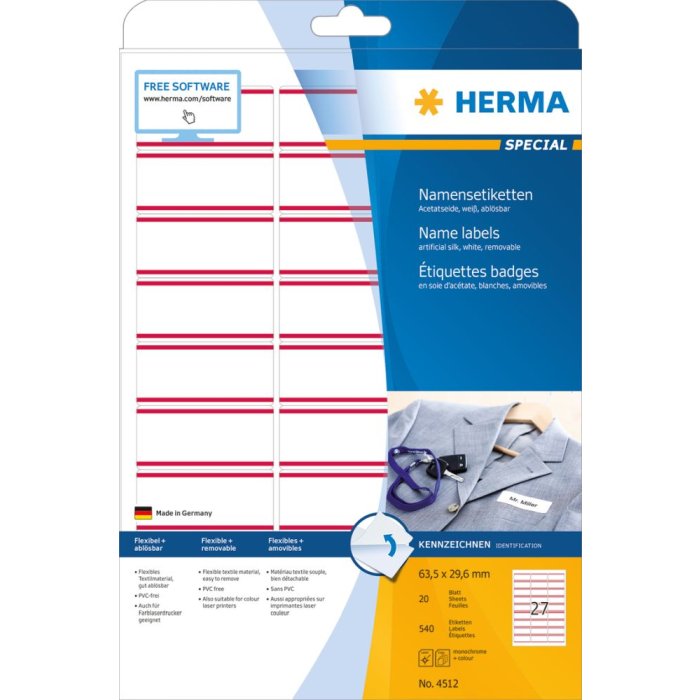 Herma speciale naametiketten, verwijderbaar, a4, 63,5 x 29,6 mm, wit rode strepen, gemaakt van acetaatzijde, bedrukbaar