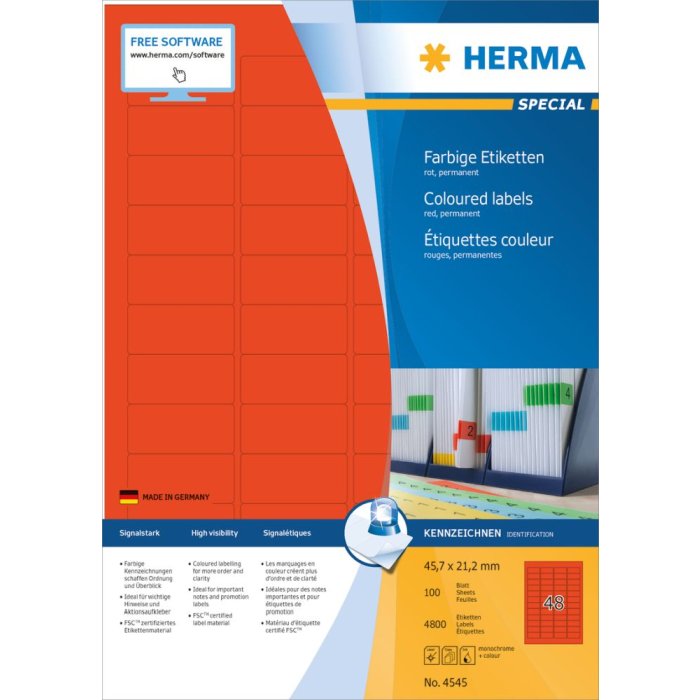 Herma speciale gekleurde etiketten a4, 45,7 x 21,2 mm, rood, permanente kleefstof