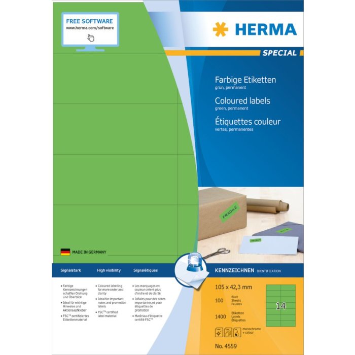 Herma speciale gekleurde etiketten a4, 105 x 42,3 mm, groen, permanente kleefstof