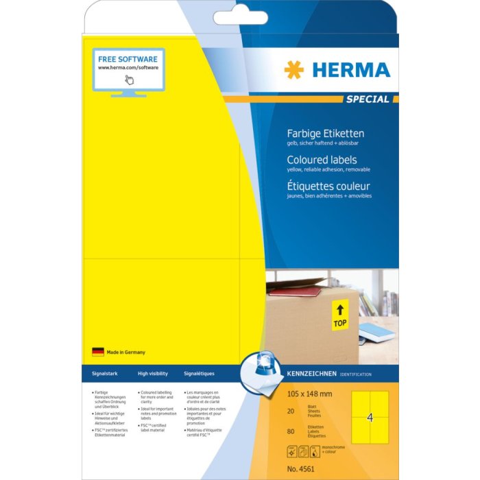 Herma speciale gekleurde etiketten a4, 105 x 148 mm, geel, verwijderbaar