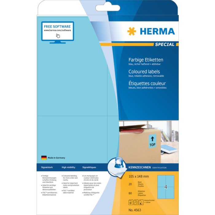 Herma speciale gekleurde etiketten a4, 105 x 148 mm, blauw, verwijderbaar