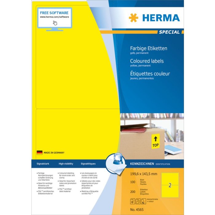 Herma speciale gekleurde etiketten a4, 199,6 x 143,5 mm, geel, permanente kleefstof