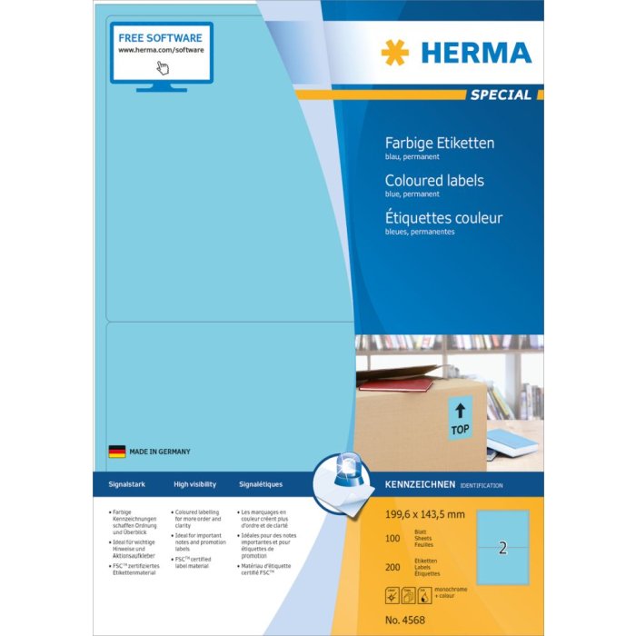 Herma speciale gekleurde etiketten a4, 199,6 x 143,5 mm, blauw, permanente kleefstof