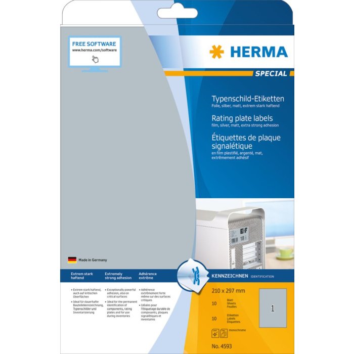 Herma speciale typeplaatjes etiketten, zilver, a4, 210 x 297 mm, extreem sterke kleefkracht, weerbestendig, scheurvast