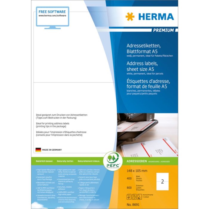 Herma premium adresetiketten, a5, 148 x 105 mm, wit, permanente kleefstof