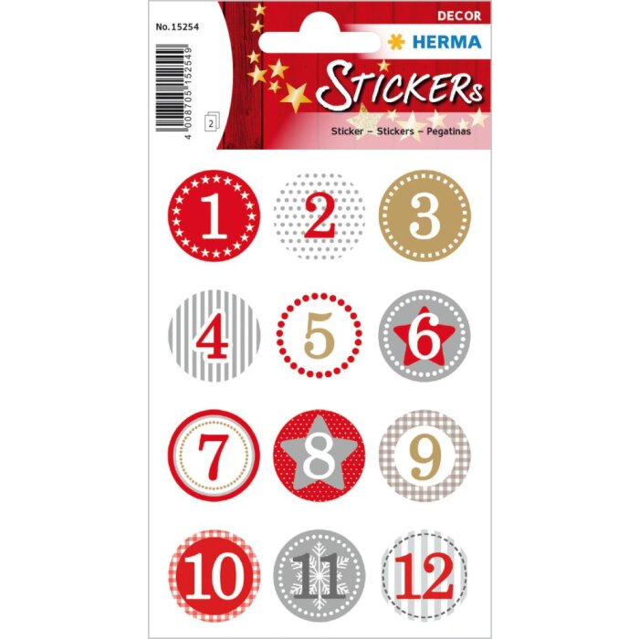 Herma decor adventskalender stickers 1-24, rood ø 2 cm