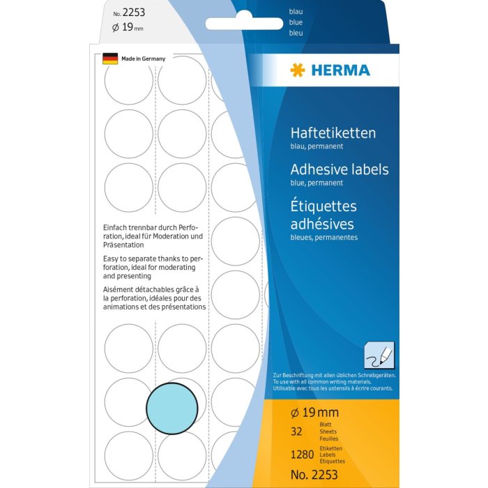 Multifunctionele etiketten blauw ø 19 mm rond papier mat 1280 st.