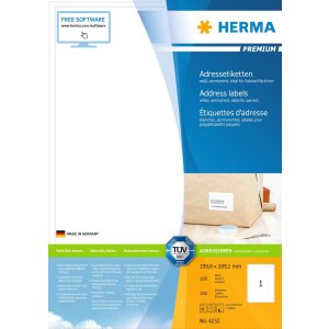 Adresetiketten Premium a4, wit 199,6x289,1 mm papier mat...