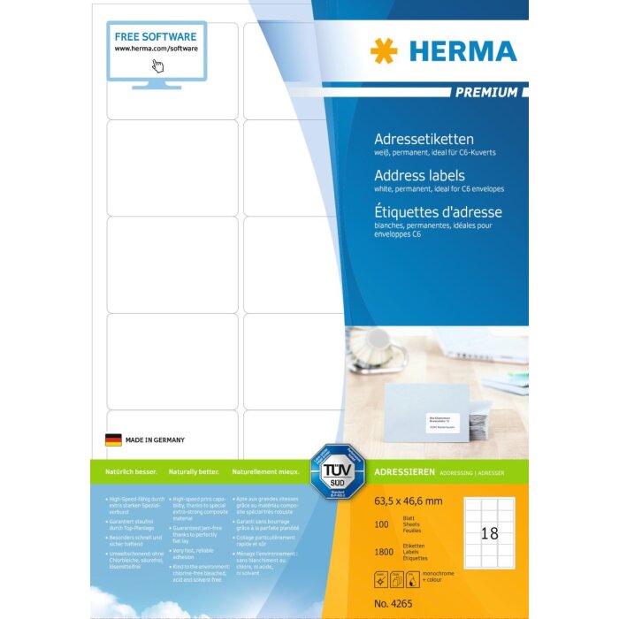 Adresetiketten Premium a4, wit 63,5x46,6 mm papier mat 1800 st.