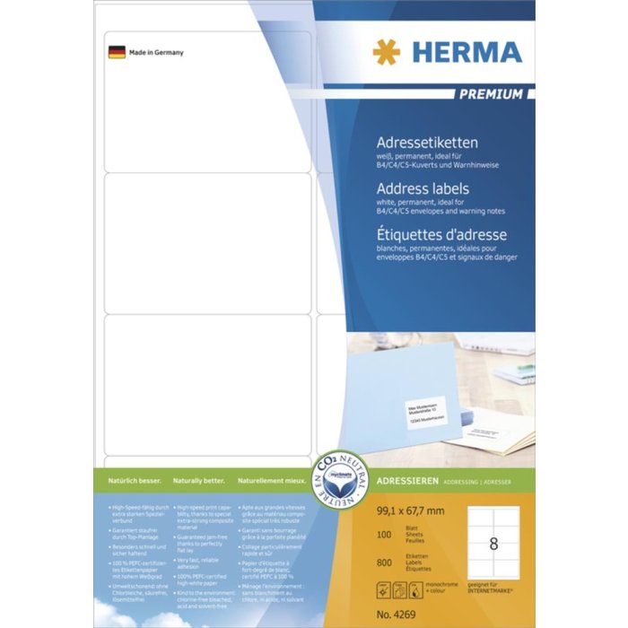 Adresetiketten Premium a4, wit 99,1x67,7 mm papier mat 800 st.