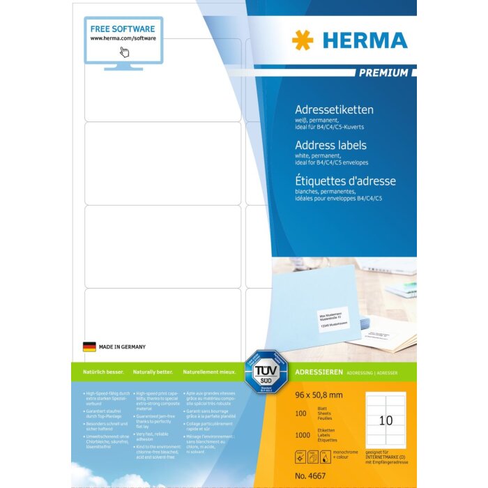 Adresetiketten Premium a4, wit 96x50,8 mm papier mat 1000 st.