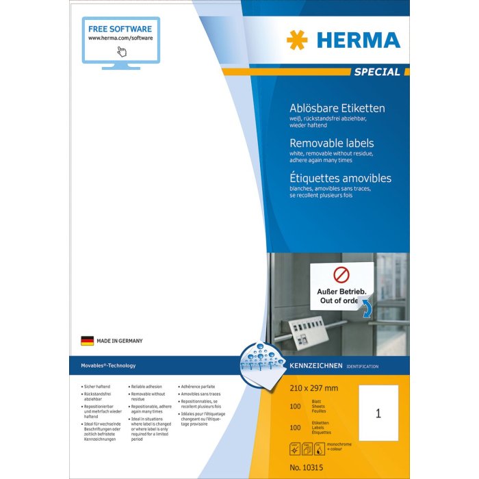 herma etiketten a4 wit 210x297 mm Movables-verwijderbaar papier mat 100 st.