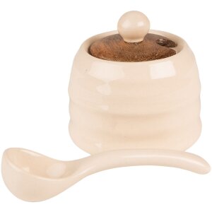 Clayre & Eef 6CE1488 Pot met lepel Ø 8x6 cm Beige-Bruin opbergpotje