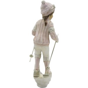 Clayre & Eef 6PR3646 Decoratie Kind op Ski 12x8x19 cm Roze - Wit