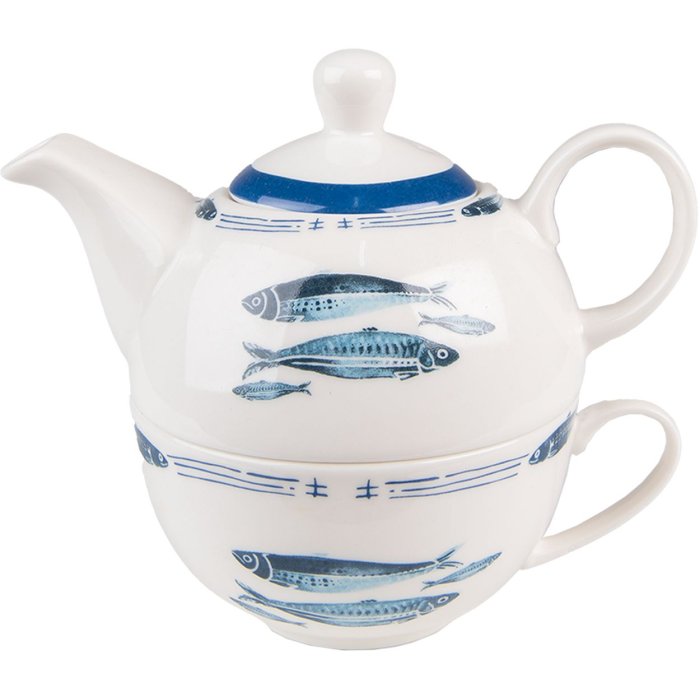 Clayre & Eef FIBTEFO Tea for One 400 ml Wit Blauw Porselein Vis Theeset