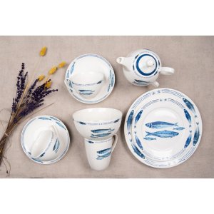 Clayre & Eef FIBTEFO Tea for One 400 ml Wit Blauw Porselein Vis Theeset