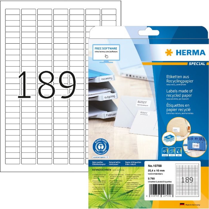 HERMA 10700 etiketten kringlooppapier A4 25,4x10mm wit permanent