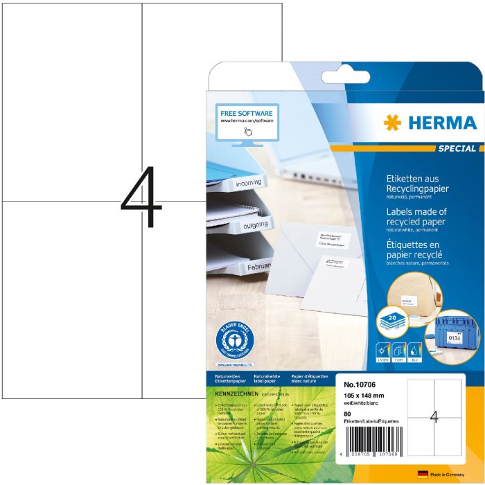 HERMA 10706 Etiketten gerecycled papier A4 105x148mm wit permanent