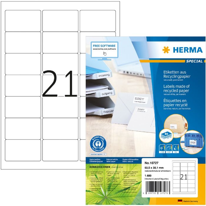 HERMA 10727 Etiketten van gerecycled papier A4 63,5x38,1 mm wit met permanente kleefstof