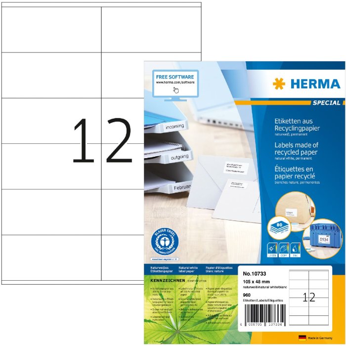 HERMA 10733 Etiketten van gerecycled papier A4 105x48 mm wit met permanente kleefstof