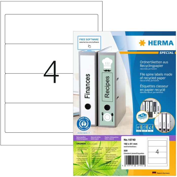 HERMA 10740 Mapetiketten A4 192x61mm wit permanent gerecycled papier