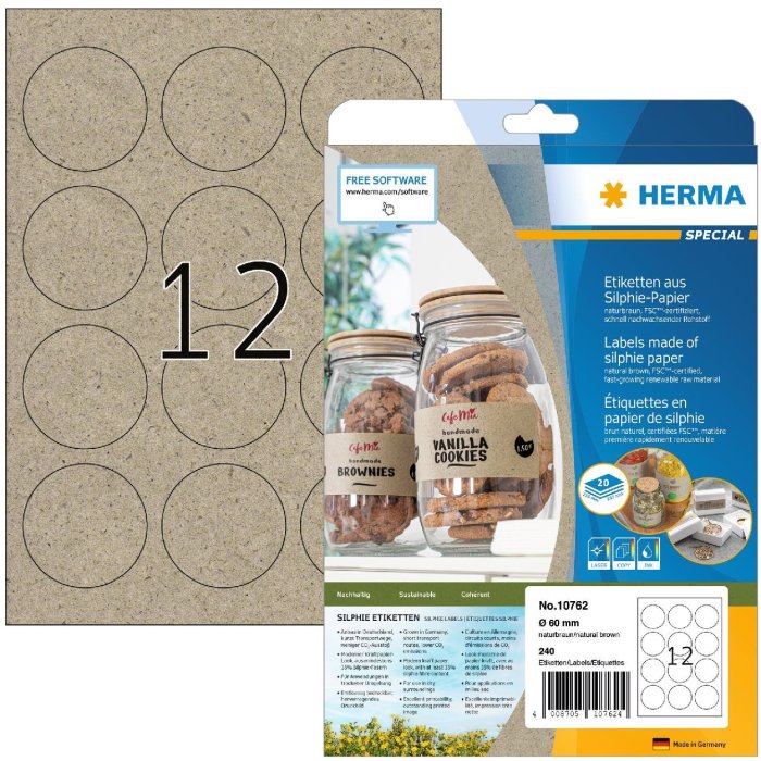 HERMA 10762 Etiketten Silphie papier Ø 60 mm natuurlijk bruin permanent A4