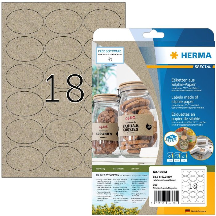 HERMA 10763 Etiketten Silphie papier A4 ovaal 63,5x42,3mm natuurlijk bruin permanent