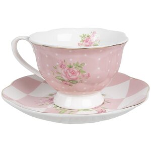 Clayre & Eef SWRKS-1 Koffie Kopje met Schotel Roze 12x9x6 cm 200 ml