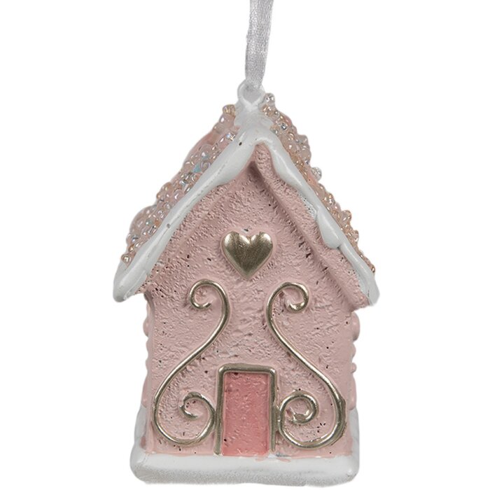 Clayre & Eef 6PR4211 Kerstlabel Roze huis 4x4x6 cm