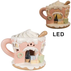 Clayre Eef LED Peperkoekhuisje Koffiepot Roze 15 cm Polyresin Kersthuisje