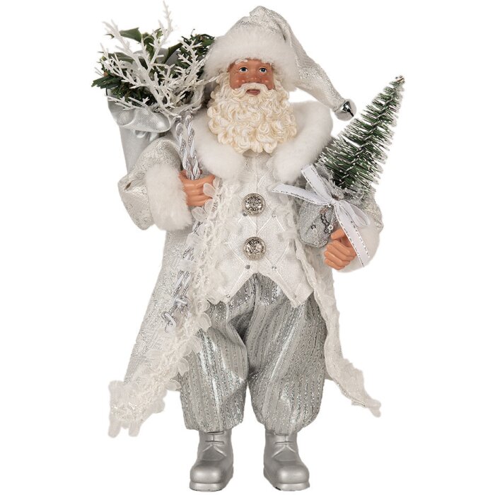 Clayre & Eef 65591 Kerstman Decoratiefiguur Wit Zilver 16x10x27 cm