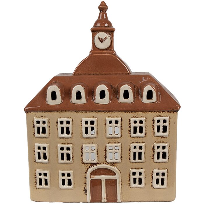 Clayre & Eef 6CE1880 Theelichthouder Huis Beige Bruin 20x10x26 cm Keramiek