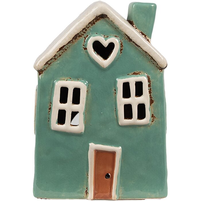 Clayre & Eef 6CE1898 Theelichthouder Huis Keramiek Groen Beige 13x9x18 cm Landelijk Huis