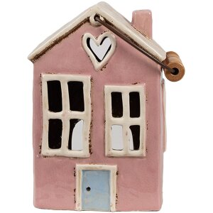 Clayre & Eef 6CE1912 Theelichthouder Huis Keramiek Roze Beige 16x11x21 cm