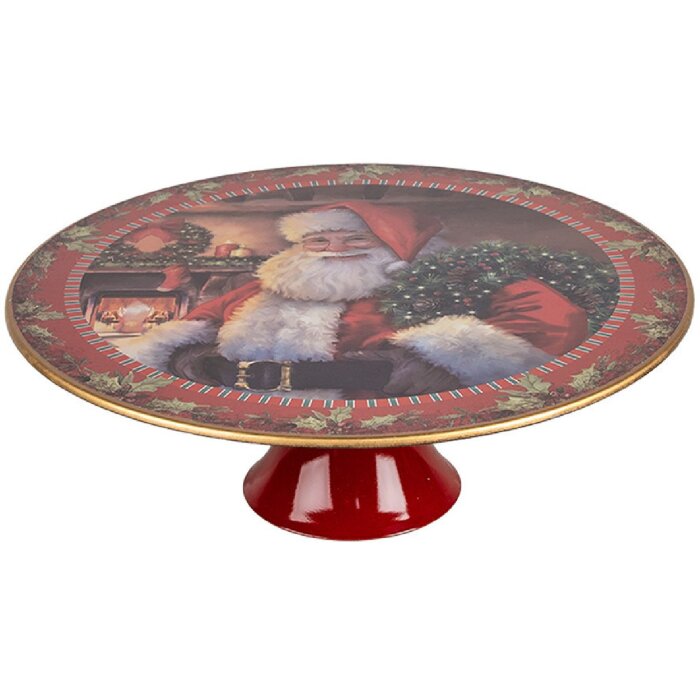 Clayre & Eef 65754L Taartbord Kerstmotief Rood Wit Goud Ø 29x10 cm