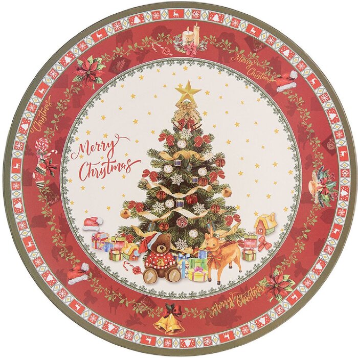 Clayre & Eef Plaatsbord 65760 Ø 33 cm Rood Beige Landelijke Stijl Kerstmis