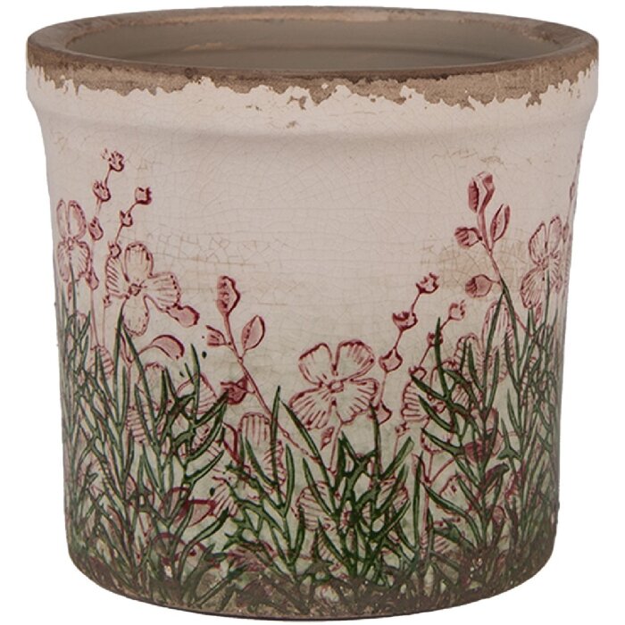 Clayre & Eef 6CE2017S Bloempot keramiek beige groen Ø 13x12 cm landelijke stijl