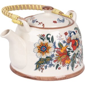 Clayre & Eef 6CETE0178 Theepot Keramiek 800 ml Wit Blauw Vintage Stijl