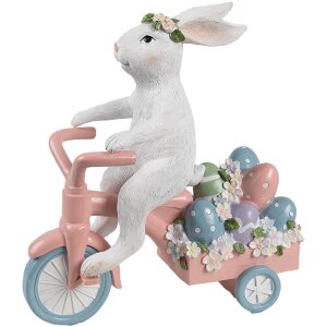 Clayre & Eef Decoratief Konijn op Fiets Wit Roze 29x12x31 cm Paasbeeldje